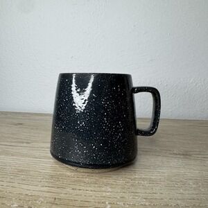 Handmade Stoneware Mug Blue Speckled Glaze Squared Handle Tapered Design